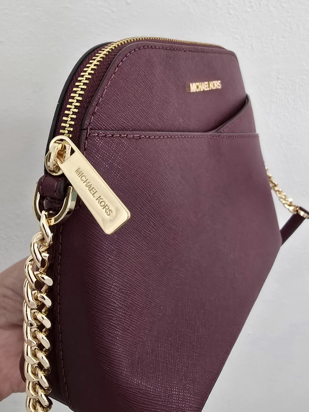 Michael Kors Plum Burgundy Saffiano Leather Crossbody Bag with Gold Chain, Euc